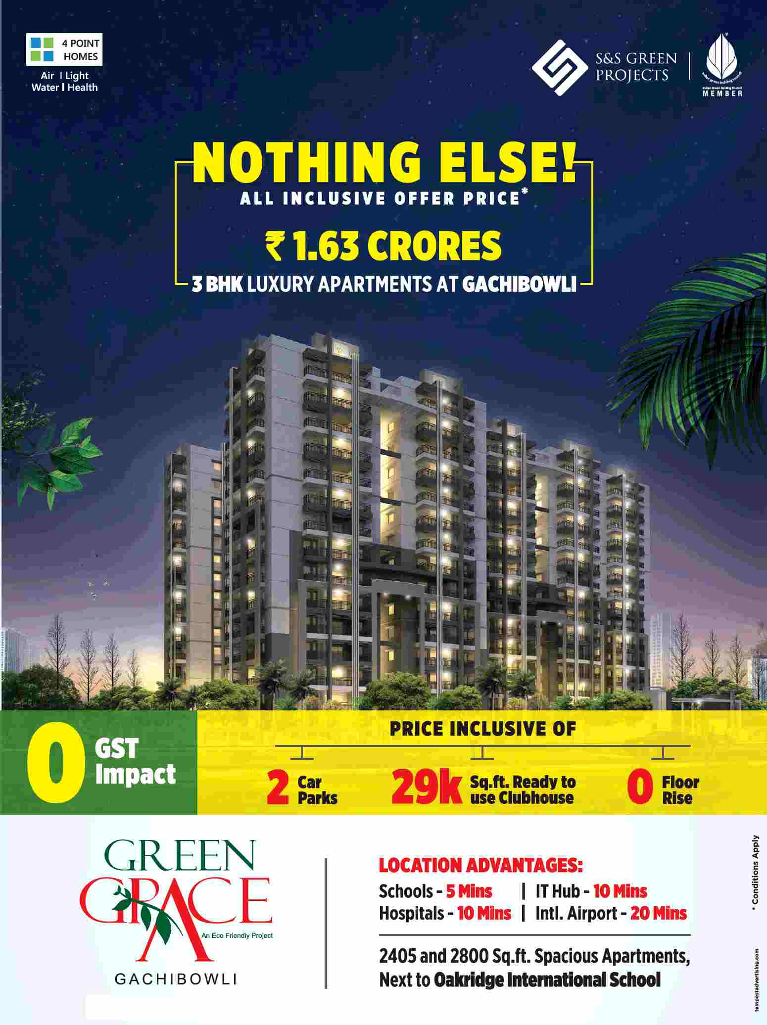Book 3 BHK @ 1.63 cr. all inclusive at S&S Green Grace in Hyderabad